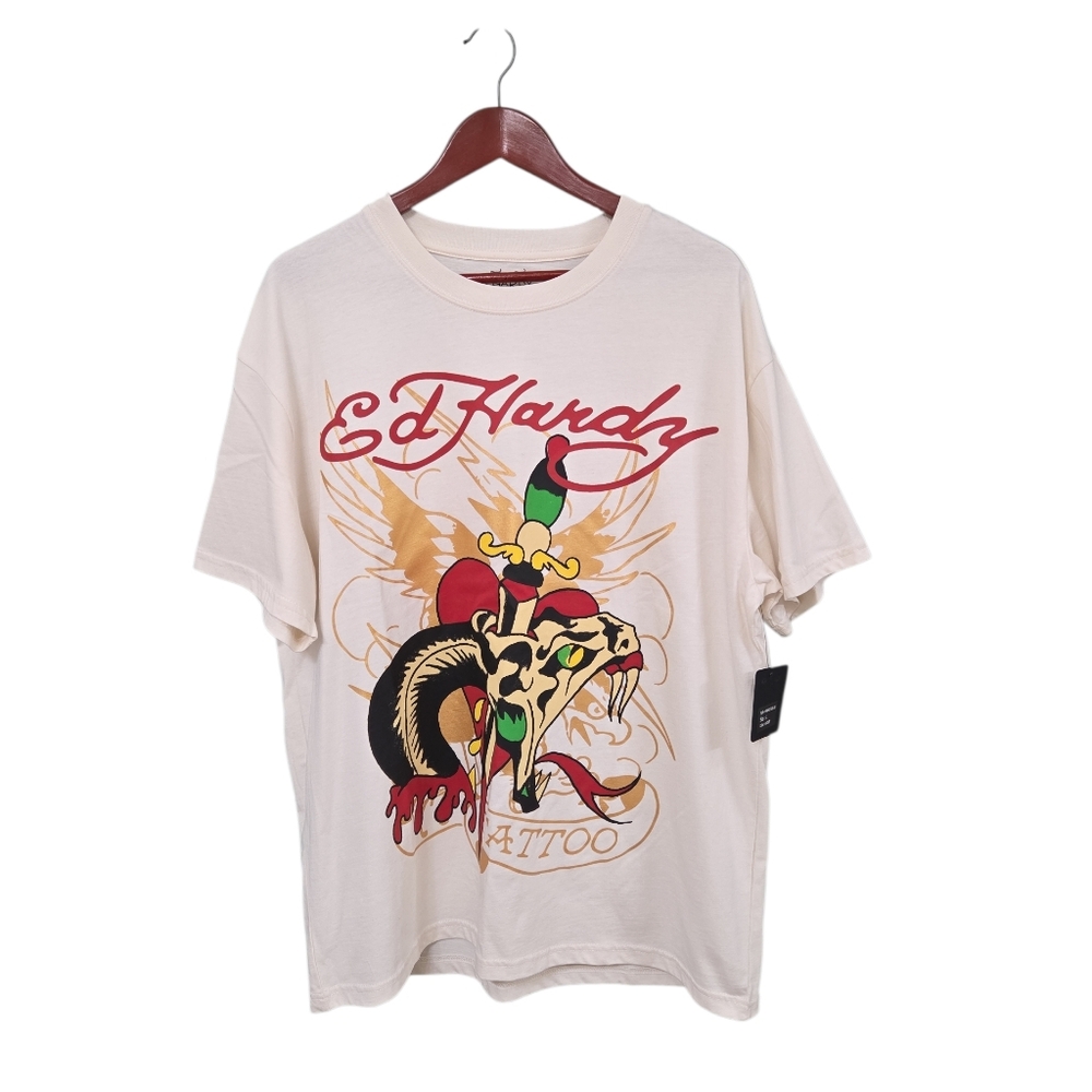 Ed Hardy New Cream Graphic T-Shirt for Men Size Large‎ Streetwear Bikercore